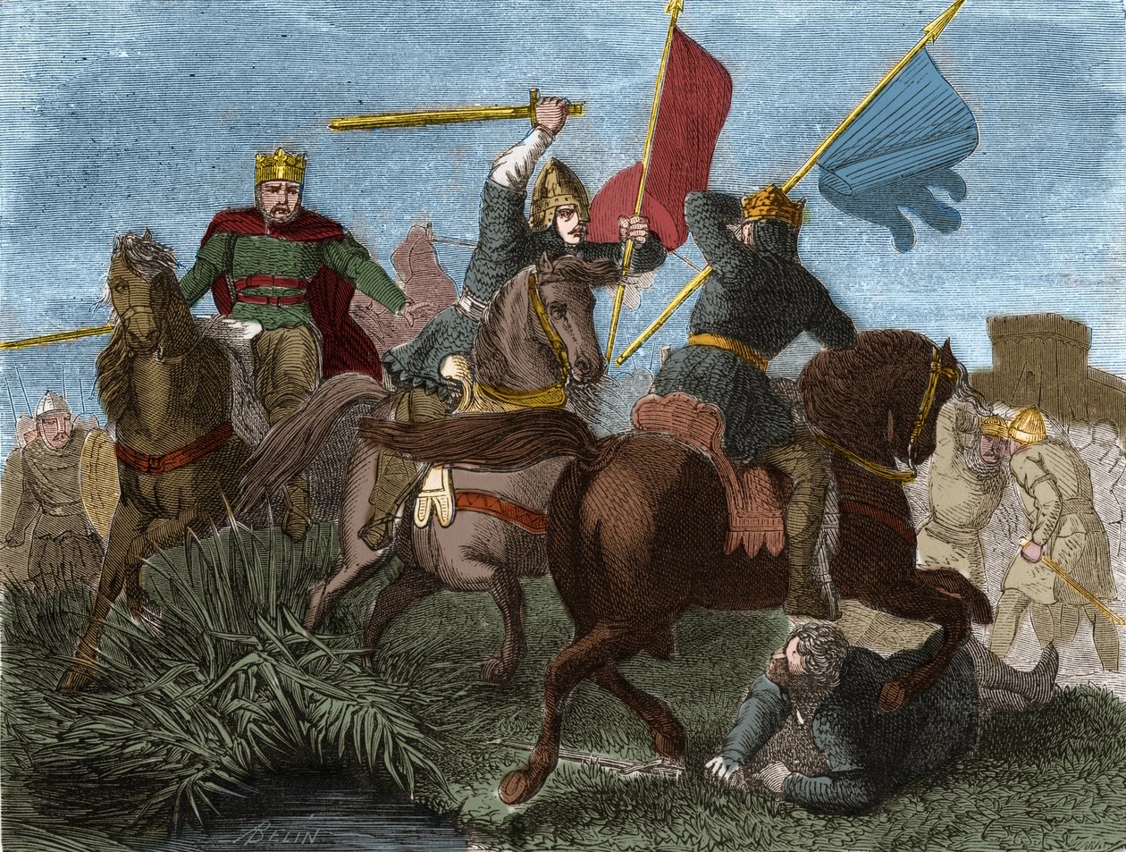 A francia I. Róbert (865-923), 922-ben a frankok királyává koronázták, III. Károly katonája ölte meg: Metszet Henri Martin „” Histoire de France populaire” című könyvébe. 19. század. alkotó: French School