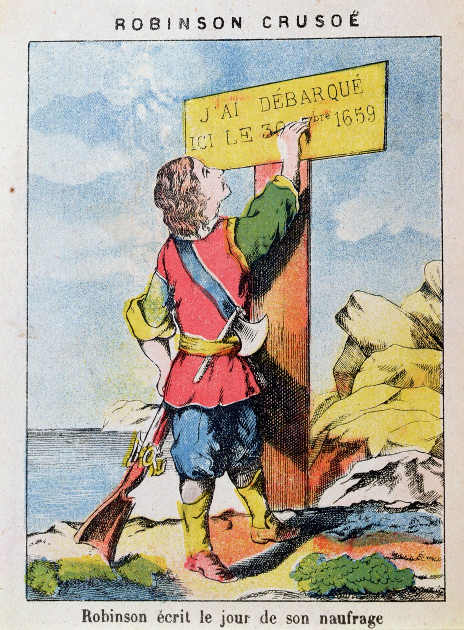 Robinson Crusoe megírja a hajótörés dátumát alkotó: French School