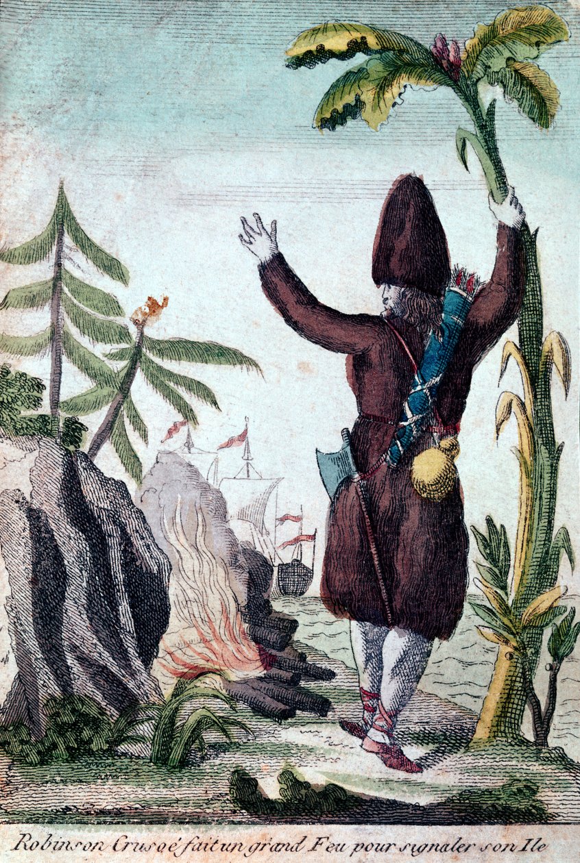 Robinson Crusoe tüzet gyújt, hogy felhívja a figyelmet szigetére, Imagerie Basset (színes metszet) alkotó: French School