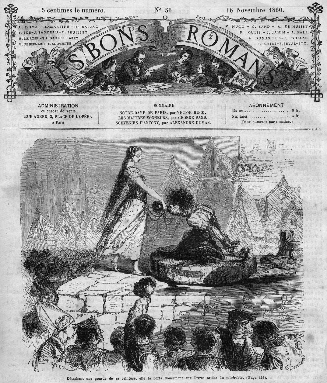 Római sorozat: Victor Hugo (1802-1885) „” Notre Dame de Paris””. Quasimodo és Esmeralda. Metszet a „Les bons romances”-ba alkotó: French School