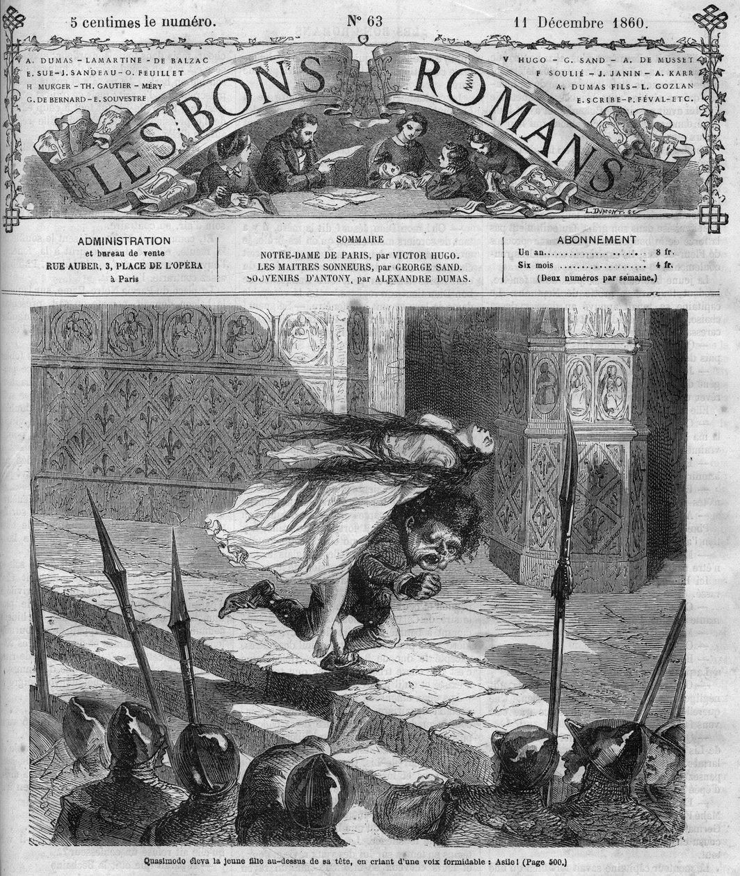 Római sorozat: Victor Hugo (1802-1885) „” Notre Dame de Paris””. Quasimodo és Esmeralda. Metszet „Les bons romances”-ba alkotó: French School