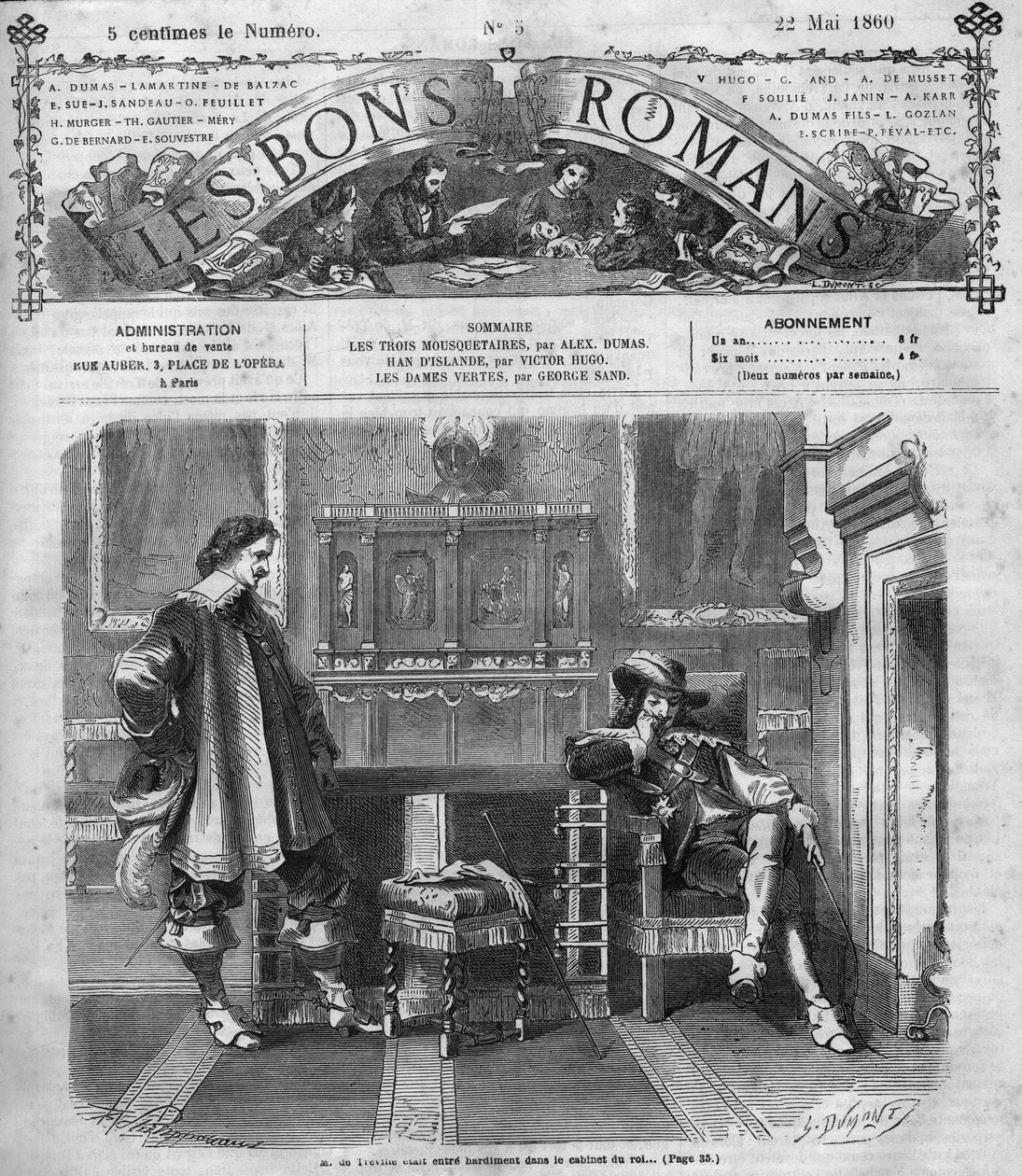 Római sorozat: Alexandre Dumas (1802-1870) „A három testőr”. Monsieur de Treville merészen visszatér a királyi irodába. Metszet „Les bons romances”-ba alkotó: French School