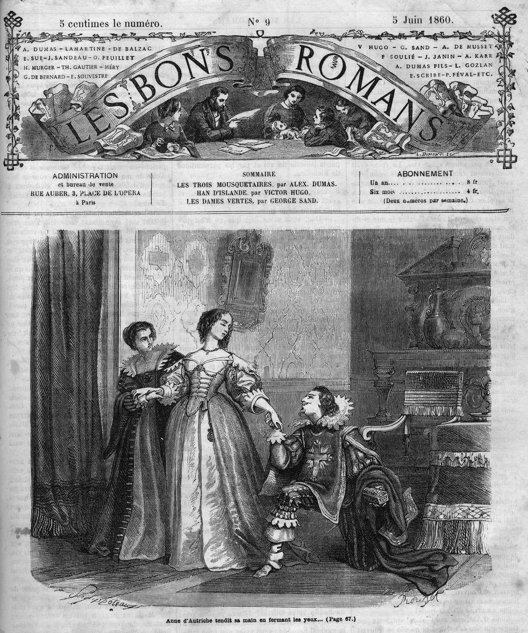 Római sorozat: Alexandre Dumas pere (1802-1870) „A három testőr”. Ausztriai Anna (1601-1666) egy dobozt ajándékoz Buckingham hercegének (Georges Villiers), amelyben gyémánt görényei vannak. A XII. fejezet illusztrációja. Metszet „” Les bons romances”-ba alkotó: French School
