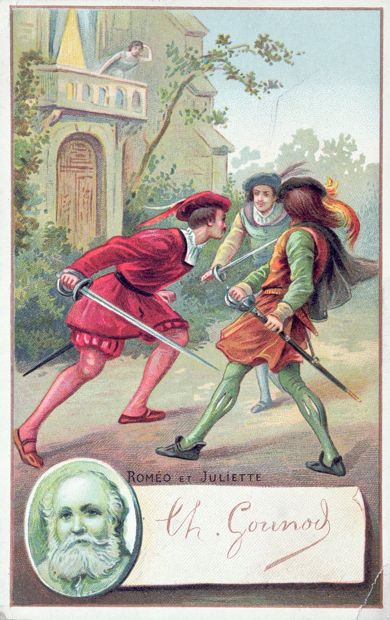 Rómeó harcol Tybalttal Gounods Rómeó és Júlia című operájában, William Shakespeare (1564-1616) drámájából alkotó: French School