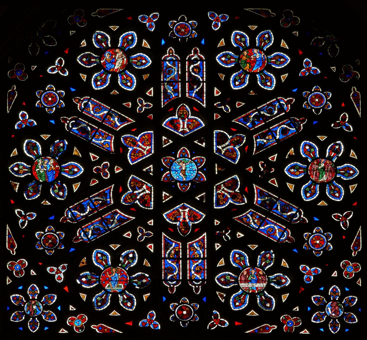 Rózsaablak a keresztre feszítéssel, a feltámadás jeleneteivel körülvéve (lásd még: 347129) alkotó: French School