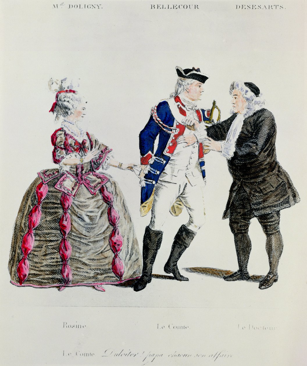 Rosine, Almaviva gróf és a doktor, jelenet Pierre Augustin Caron de Beamarchais (1732-99) A sevillai borbély II. felvonásának 13. jelenetéből alkotó: French School