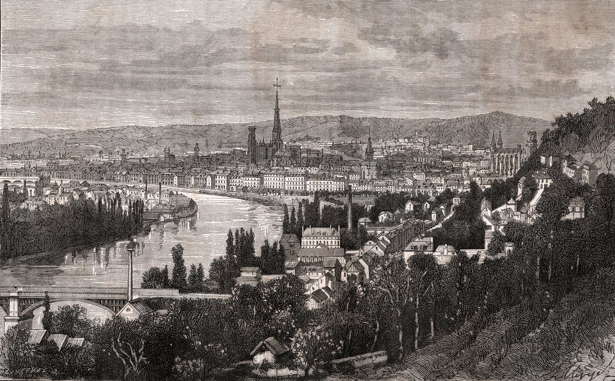 Rouen - Seine-Maritime - metszet a „La France illustree: földrajz, történelem, statisztikai igazgatás” könyvében, V.A. Maláta-barna. 1884 alkotó: French School