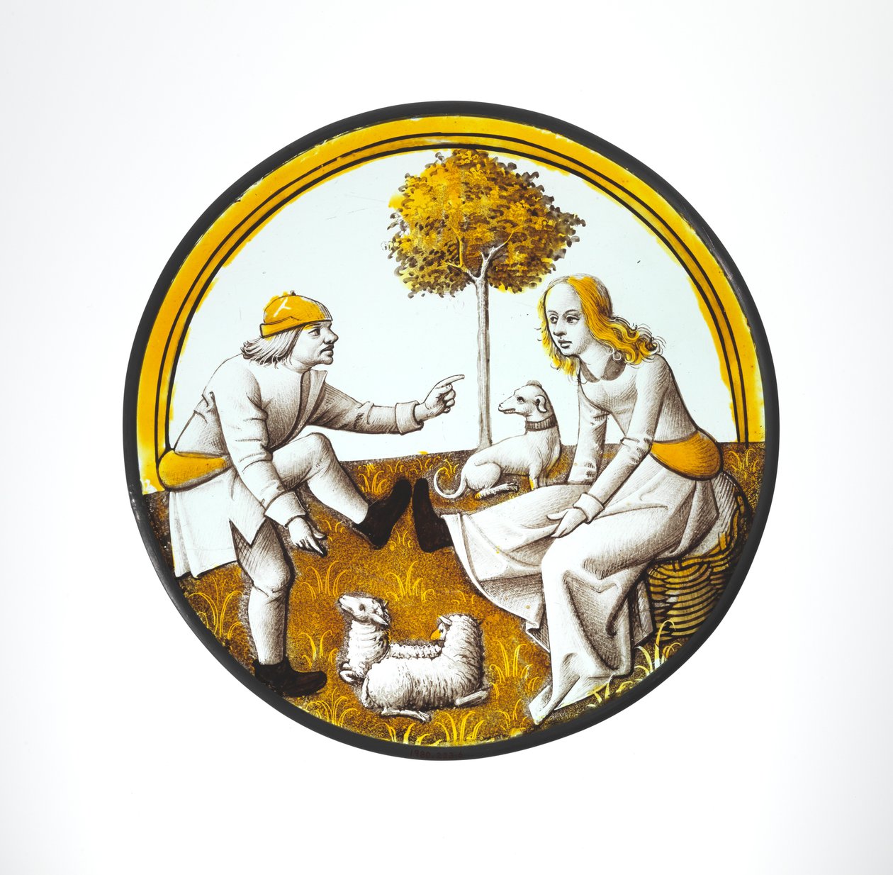 Roundel, pár játszik a Quintainben, 1500 körül (üveg, üveges festék és ezüst folt) alkotó: French School