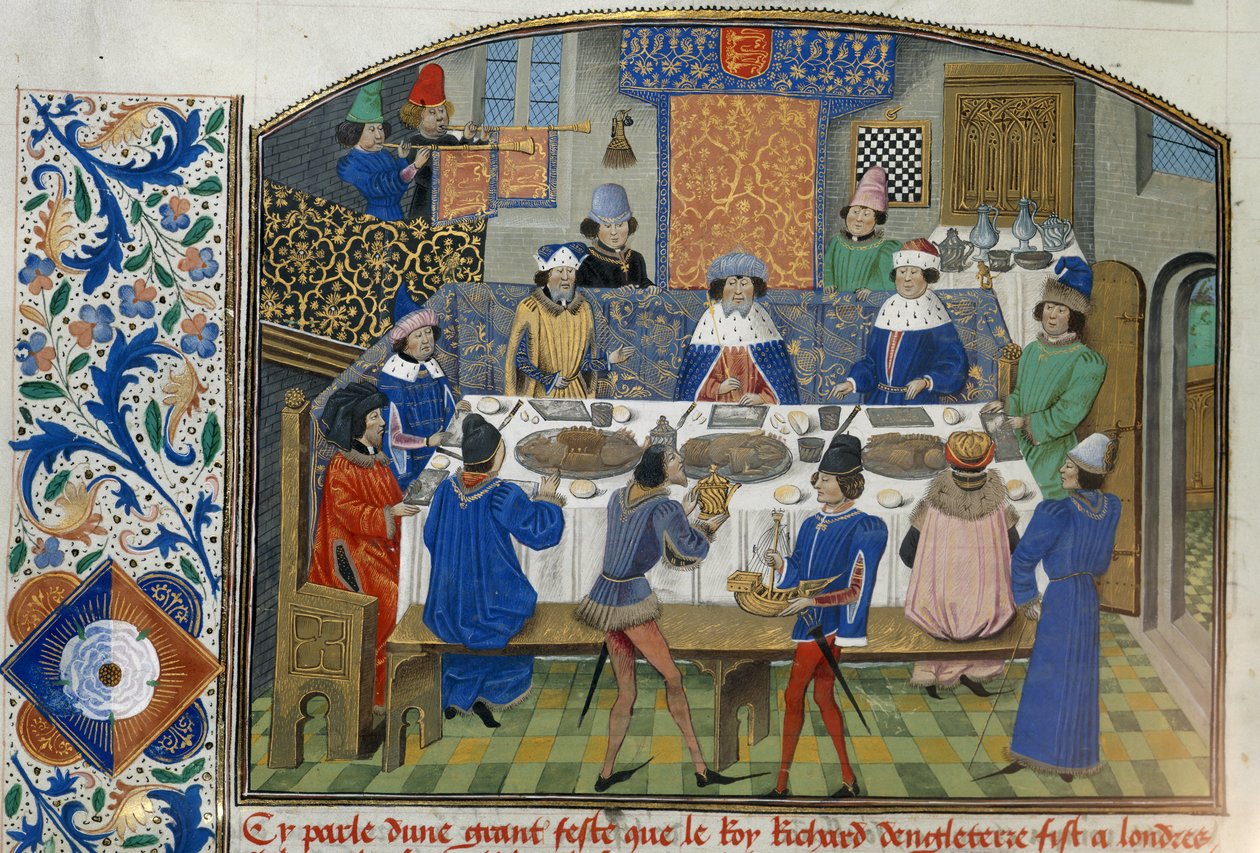 Roy 14 E IV fol.265v York, Gloucester és Írország hercegei II. Richarddal vacsoráznak, III. kötet „II. Richard koronázásától 1387-ig”, Jean de Batard Wavrin (vellum) alkotó: French School