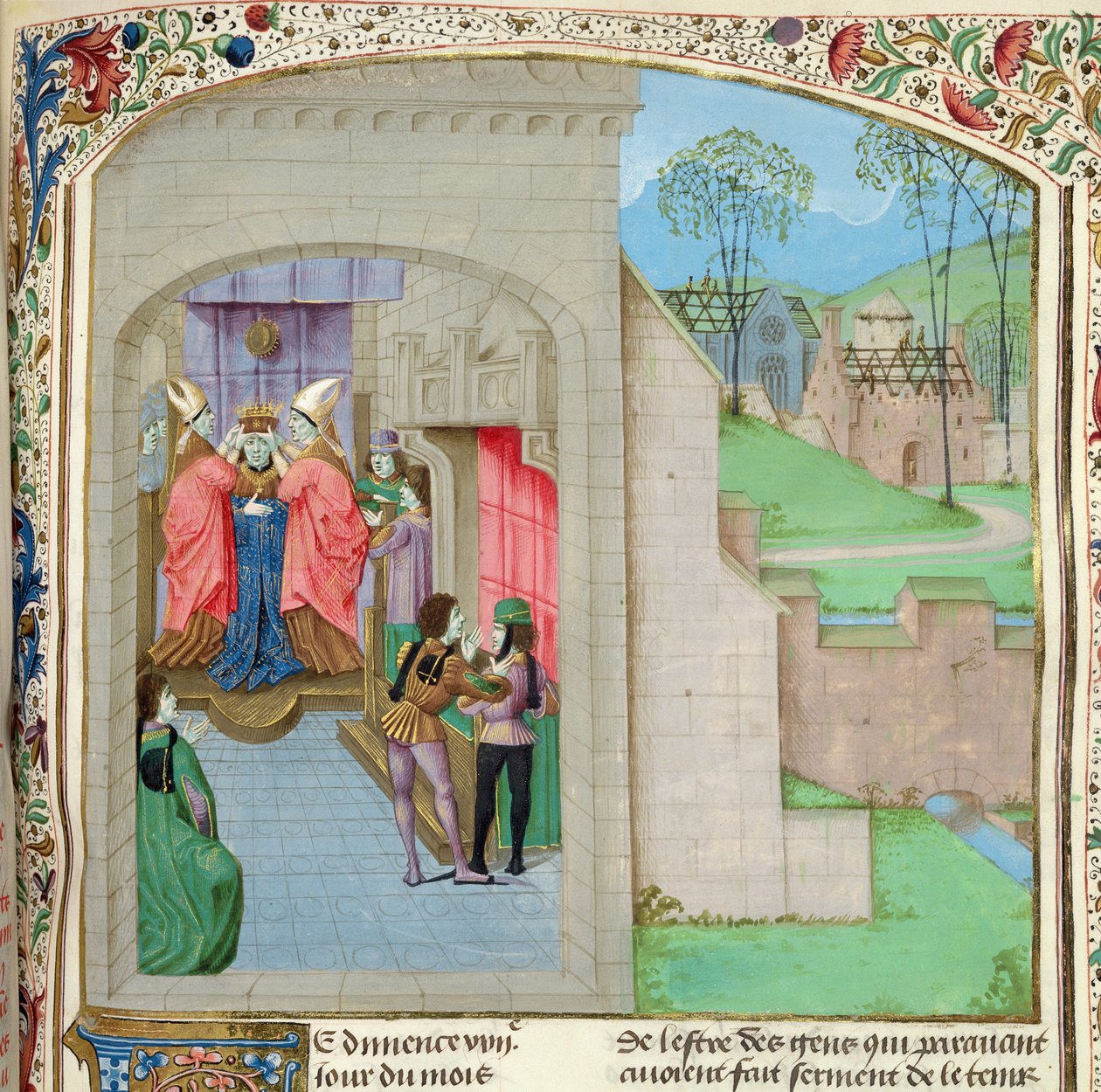 Roy 15 E IV f.236 I. Vilmos megkoronázása, a Old Chronicles of England I. kötetéből, Jean Batard de Wavrin, 1470-80 körül (vellum) alkotó: French School