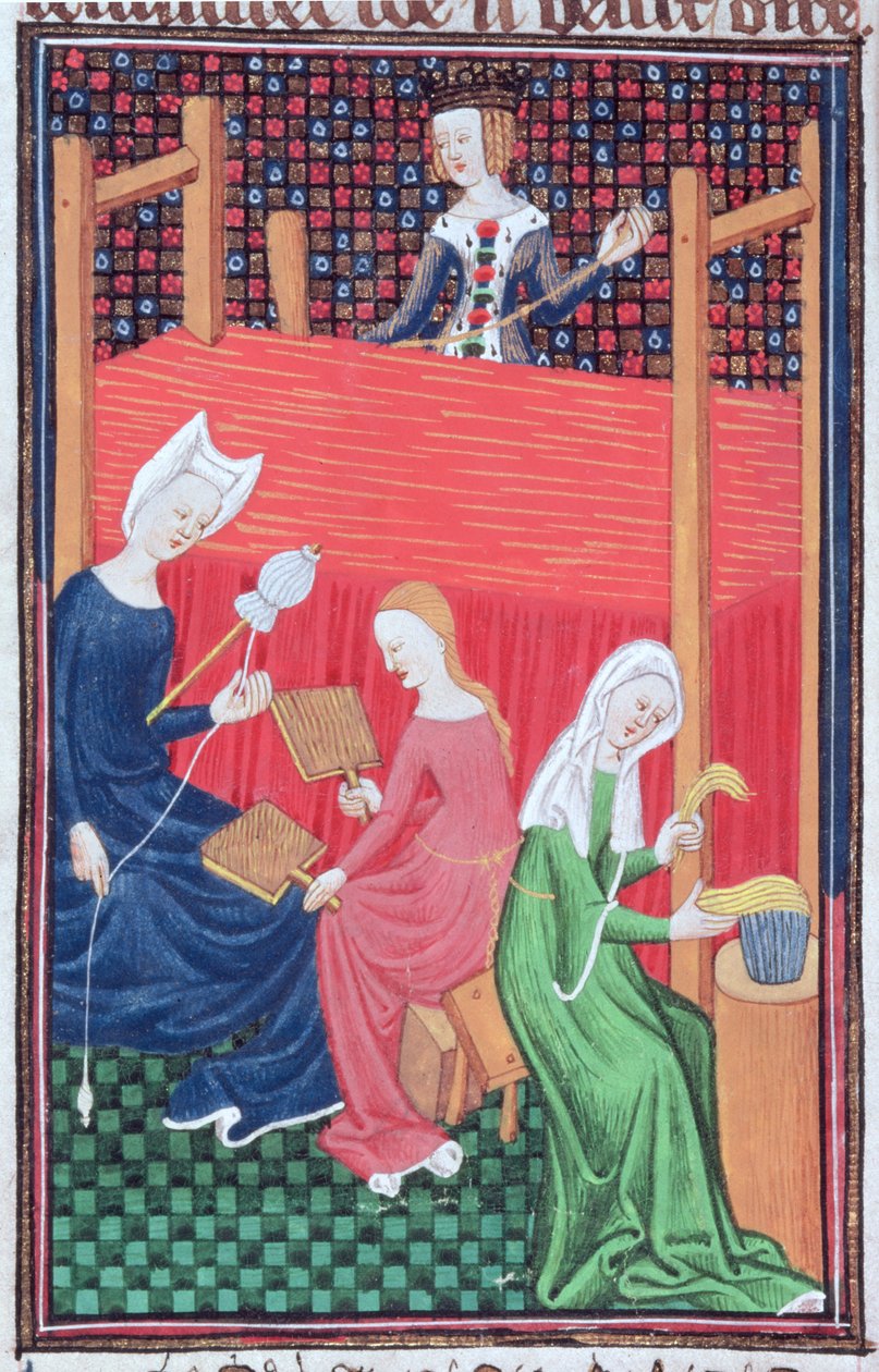 Roy 16 G V f.56 Gaia Caecilia vagy Tanaquil, szövőszékkel és fonó nőkkel, a 