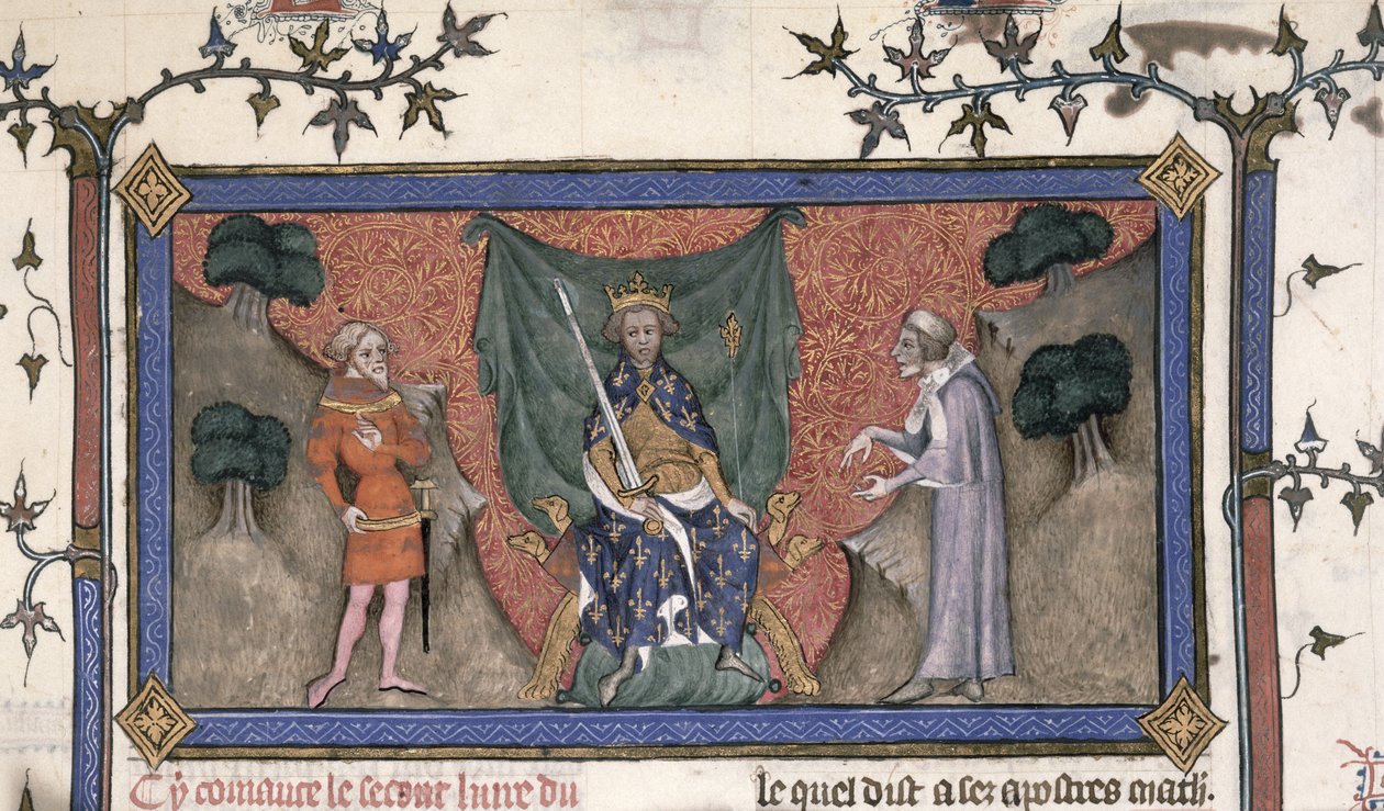 Roy 19 C IV f.154 V. Károly francia király (1337-80) koronával, karddal és jogarral trónol egy lovag és egy hivatalnok között alkotó: French School