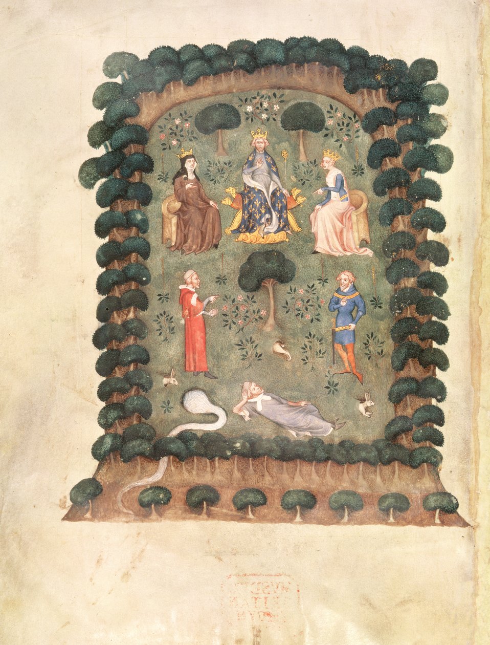 Roy 19 C IV f.298 V. Károly a kertben trónol koronával és jogarral, a "Gyümölcsöskert őrzőjének álmából" alkotó: French School