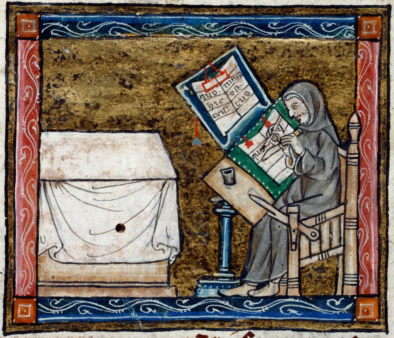 Royal 14 E. III, f.6v Írómásolás egy másolatból, illusztráció a 