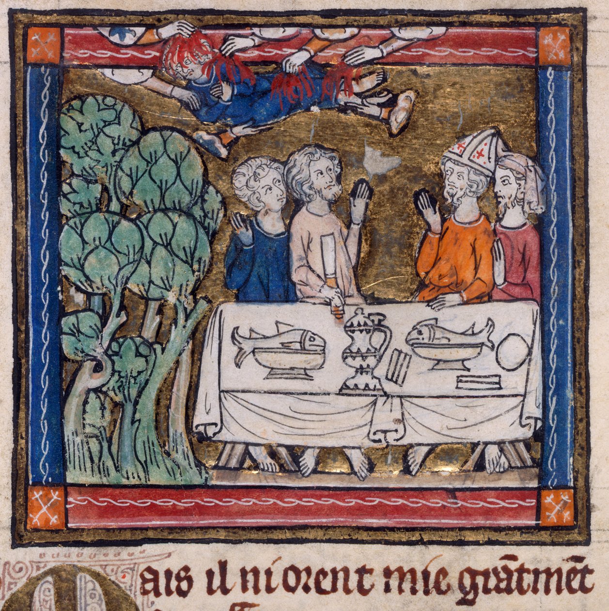 Royal 14 E. III, f.76v Seven Hands Cast Fire on Moys, illusztráció a "The Story of the Holy Grail" című filmből (vellum) alkotó: French School