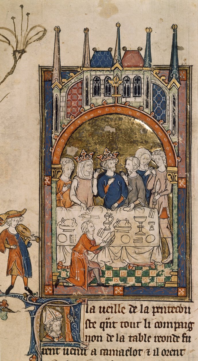 Royal 14 E. III, f.89, Arthur király ünnepe, Arthur király és Guinevere egy banketten, egy szolgával az asztal előtt térdelve, aki kenyeret vág, a „La Queste del Saint Graal”-ból, 1315-25 körül (vellum) ) alkotó: French School