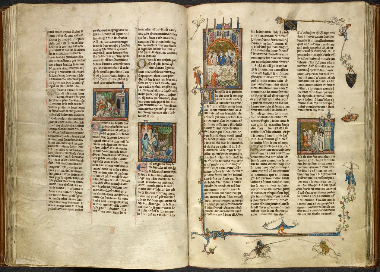 Royal 14 E. III, ff.88v-89 Lancelot kiveszi lefejezett nagyapja, a király fejét egy forrásban lévő kútból; két lovagra összedőlő épület. A jobb oldalon Arthur és Guinevere miniatúrája egy banketten ül az Estoire del Saint Graal-ból, alkotó: French School