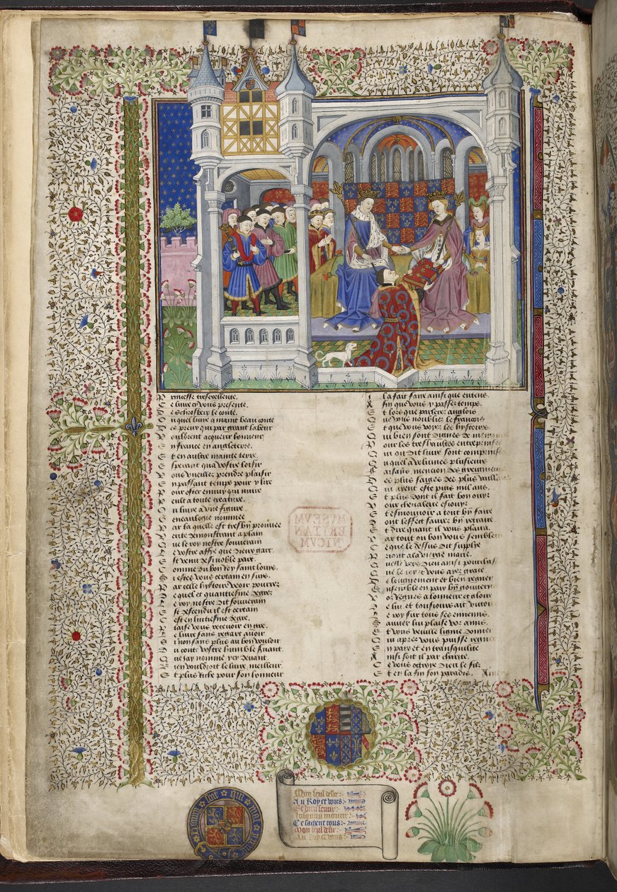 Royal 15 E. VI, f.2v Anjou Margit, férjével VI. Henrik királlyal ülve, illusztráció a „Shrewsbury Talbot Book of Romances”-ből, 1445 körül (tinta, szín és arany pergamen) alkotó: French School