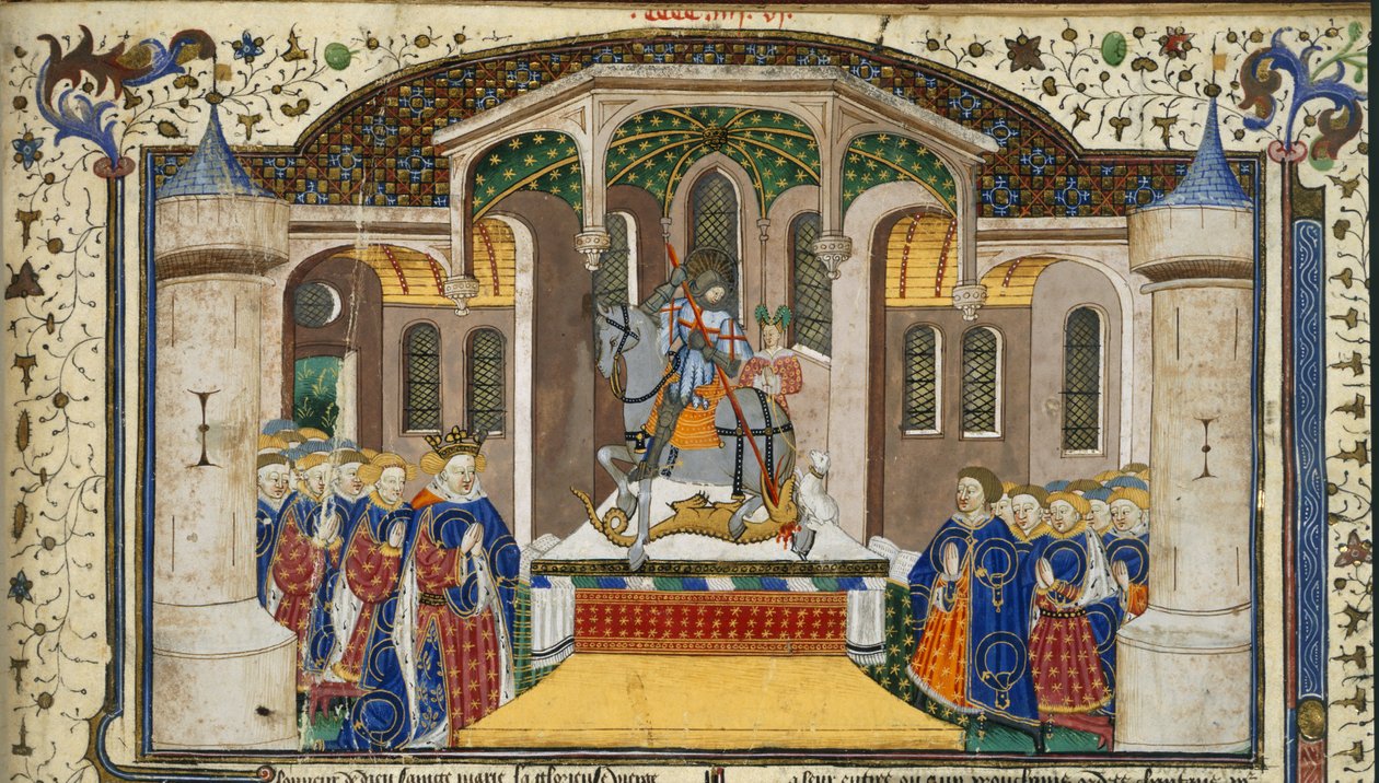 Királyi 15 E. VI, f.439 VI. Henrik király és lovagok egy oltár körül csoportosultak, amelyen Szent György és a sárkány áll. arany pergamen) alkotó: French School
