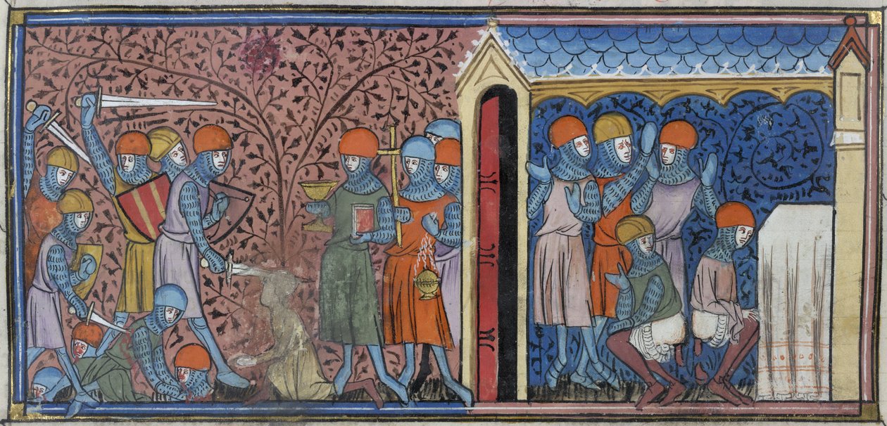 Royal 16 G. VI, f.185v Raid of Cordoba Mansur, illusztráció a „Chroniques de France ou de Saint Denis”-ből (vellum) alkotó: French School