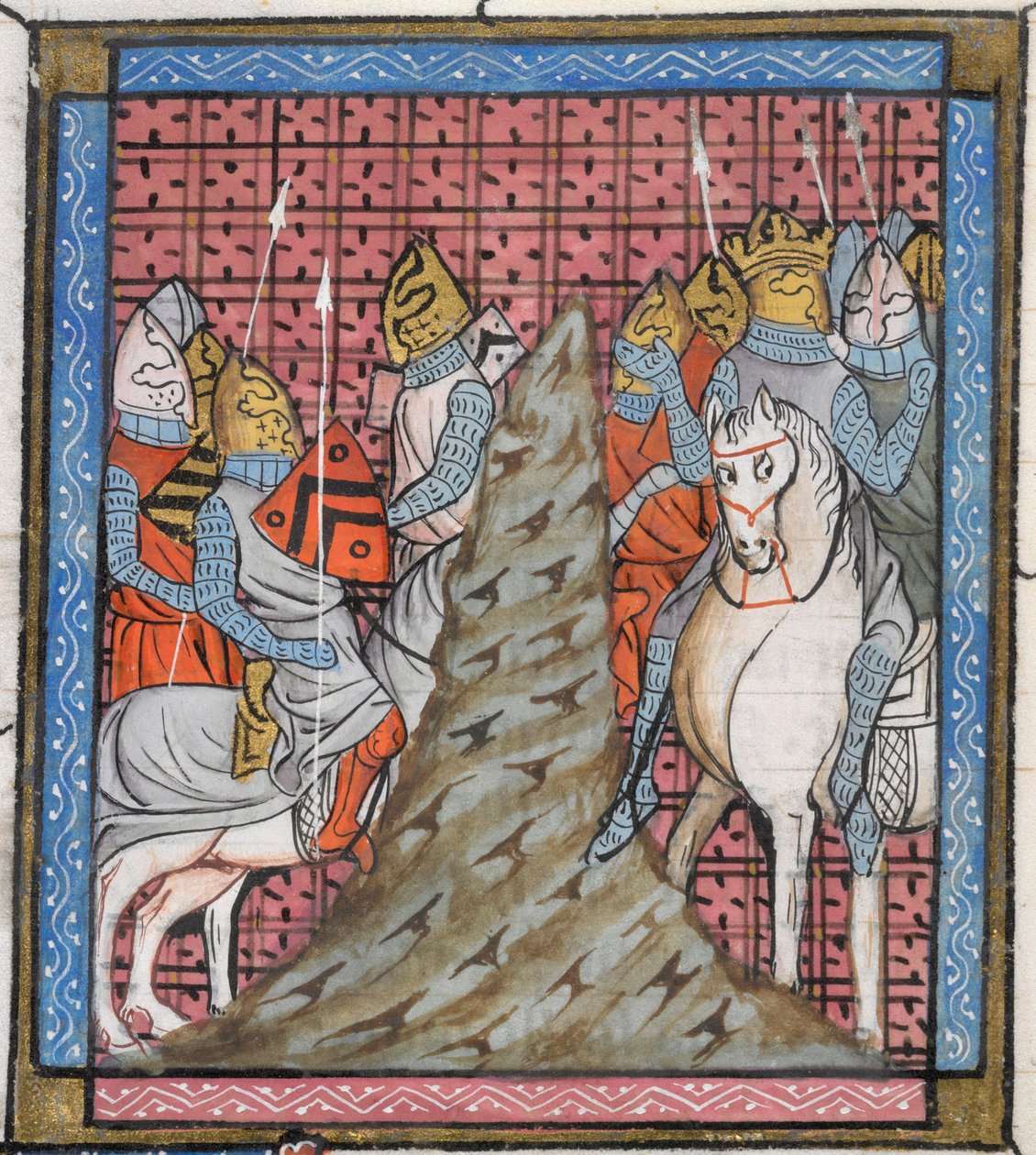 Royal 16 G. VI, f.317v Egy keresztes hadsereg hadosztályának miniatűr részlete hegyen való átkelés közben, illusztráció a Chroniquesból alkotó: French School