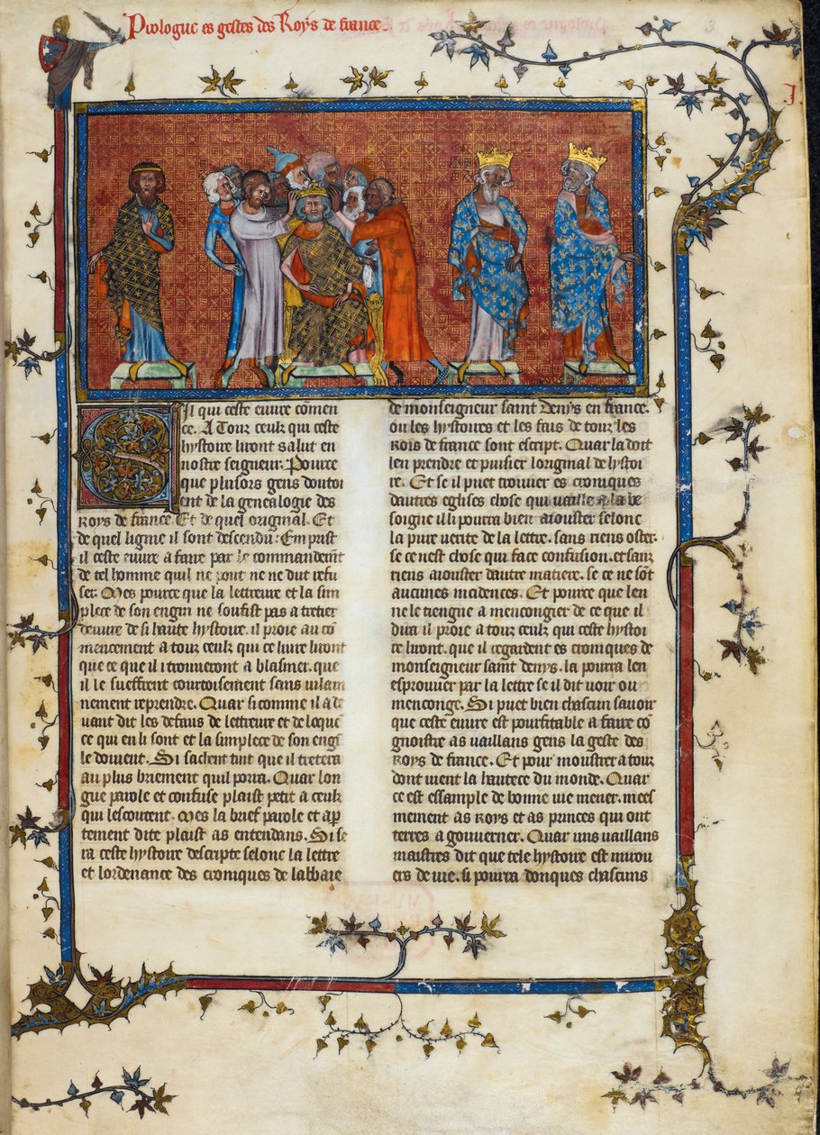 Royal 16 G. VI, f.3 The Coronation of Pharamond, Illusztráció a „Chroniques de France”-ból, 1332 körül (vellum) alkotó: French School