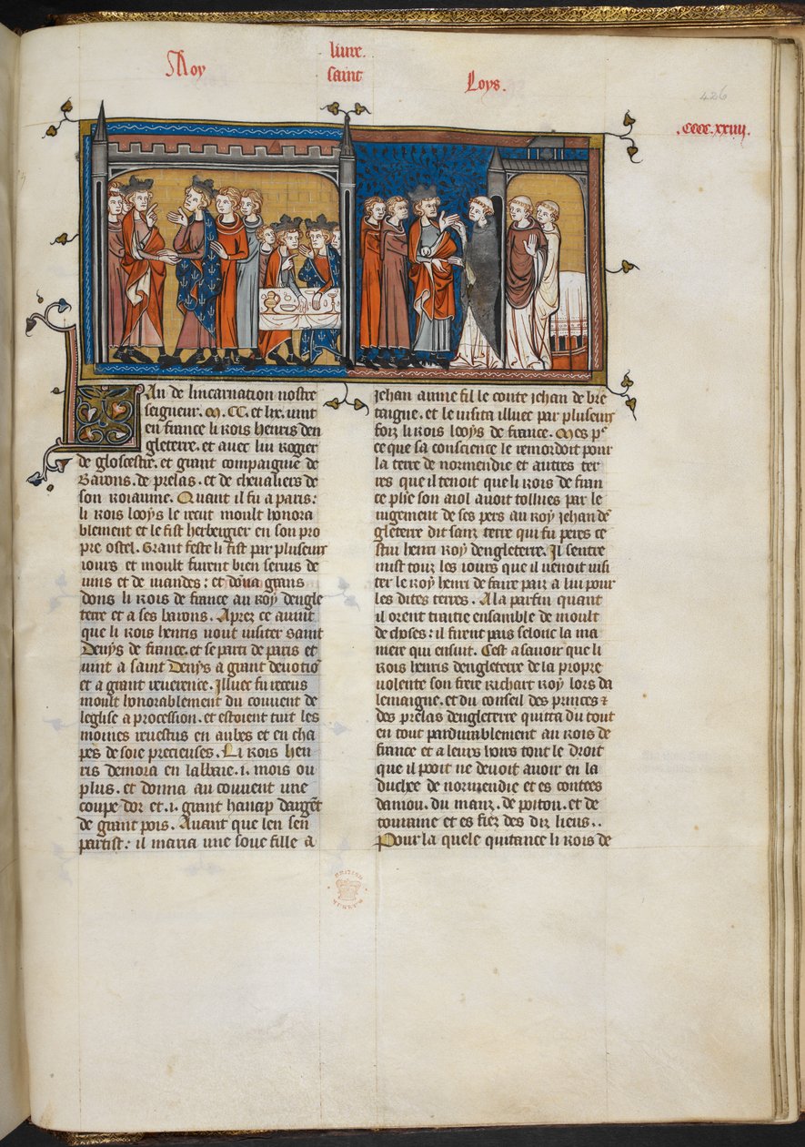 Royal 16 G VI f.426r Miniatűr III. Henrikről, aki meglátogatja IX. Lajost, és III. Henriket St Denisben, oldal a „Les Grandes Chroniques de France”-ból alkotó: French School