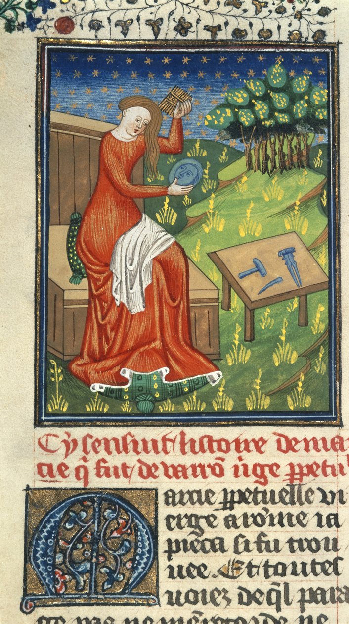 Royal 16 G. V, f.80 Jaia of Cyzicus, fésűvel, tükörrel és szobrászszerszámokkal, illusztráció Giovanni Boccaccio „De Claris Mulieribus” című művéből (tinta, szín és arany pergamen); alkotó: French School