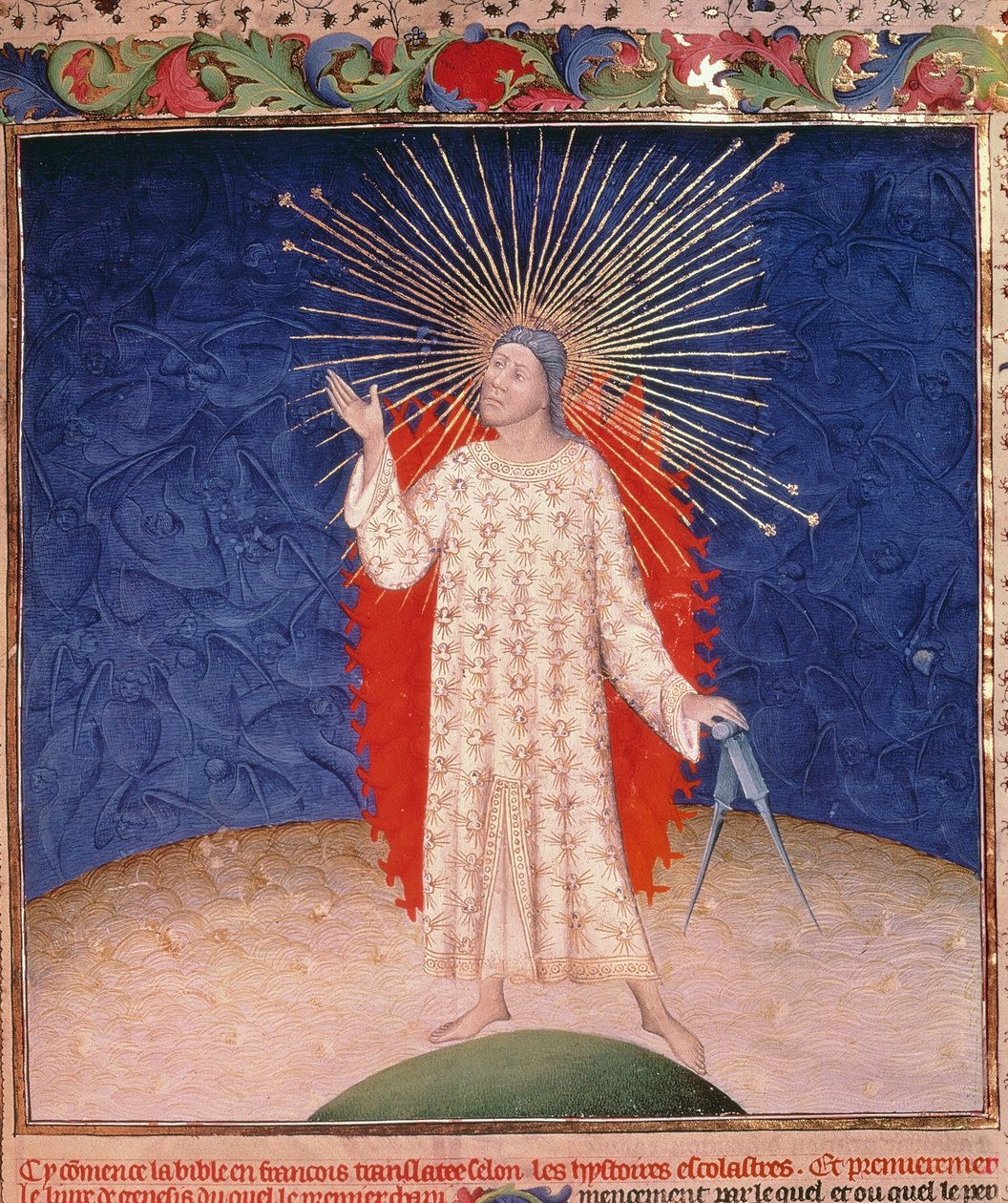 Royal 19 D III, f.3: Isten tűzzel körülvéve egy iránytűvel, Guyart des Moulins Bible Historiale-jából, 1411 körül (vellum) alkotó: French School