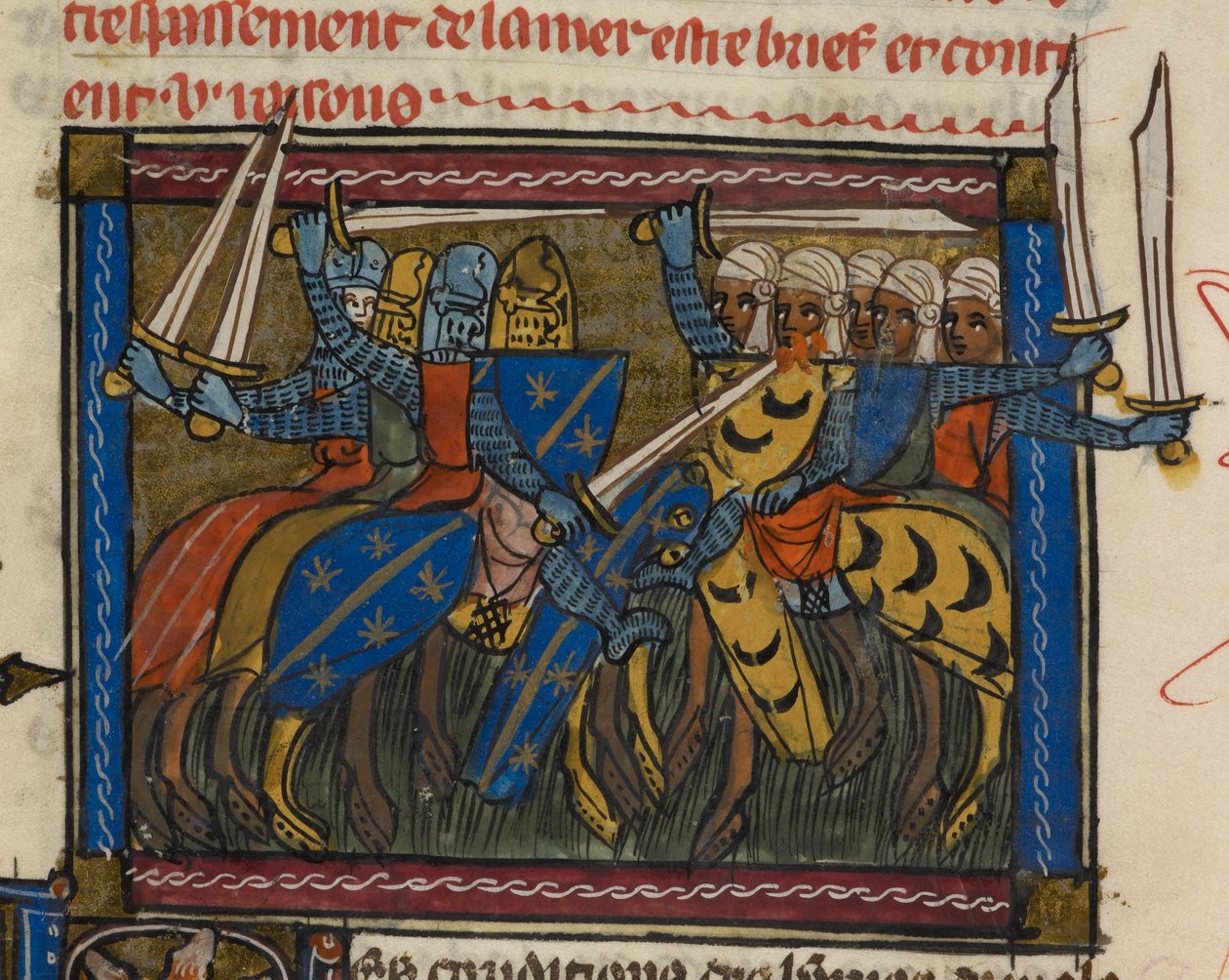 Királyi 19 D. I f.189v Keresztény és szaracén seregek harcban, illusztráció a „La Vraye Histoire du Bon Roy Alixandre”-ből (tinta, szín és arany pergamen) alkotó: French School