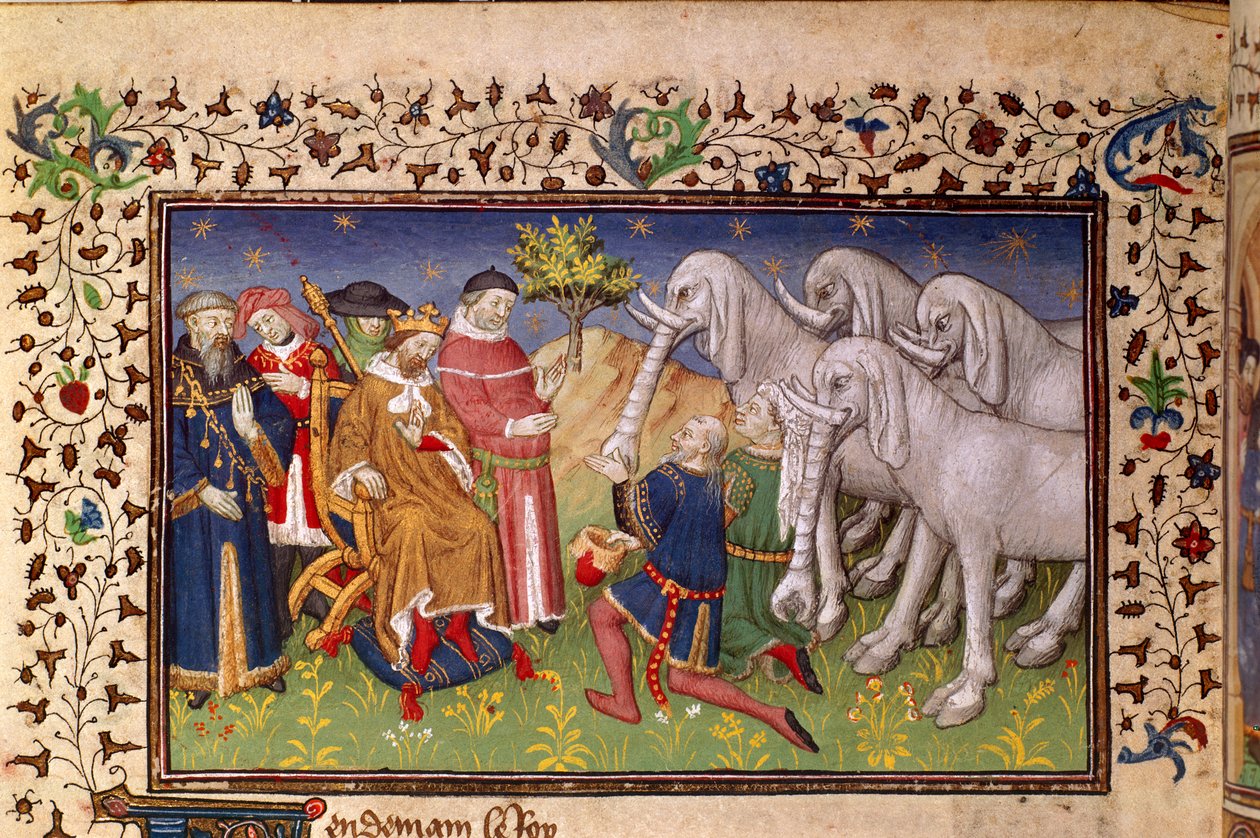 Royal 20 B. XX, fol.82v, Sándor fehér elefántokat adott, a 