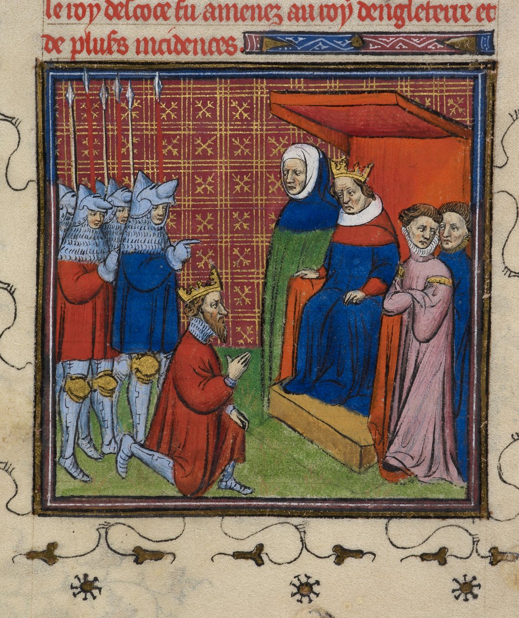 Royal 20 C.V11 John Baliol I. Edward előtt, illusztráció a "Chroniques de France ou de St. Denis"-ből alkotó: French School