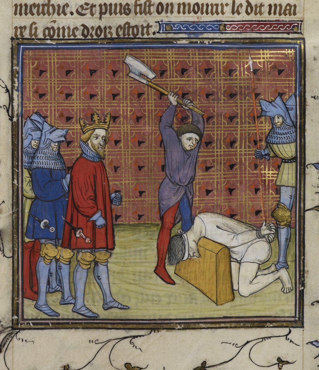 Királyi 20 C. VII f.134v A francia nemesség elleni Jacquerie-felkelés vezetőit Navarra királyának parancsára lefejezték, a „Chroniques de France ou de St Denis”-ből (tinta, szín és arany pergamen) alkotó: French School
