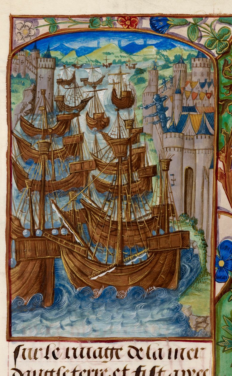 Royal 20 E. III, fol.186v Francia flotta megtámadta Sluys-nál, a „Chroniques de France ou de Saint Denis”-től alkotó: French School