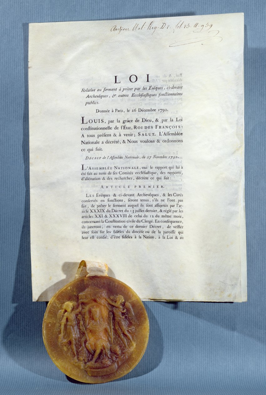 Lajos királyi rendelete, amely megerősíti a francia püspökök és papok azon kötelezettségét, hogy hűségesküt tegyenek a papság polgári alkotmányára, 1790. december 16-án (nyomtatott papír- és viaszpecsét) alkotó: French School