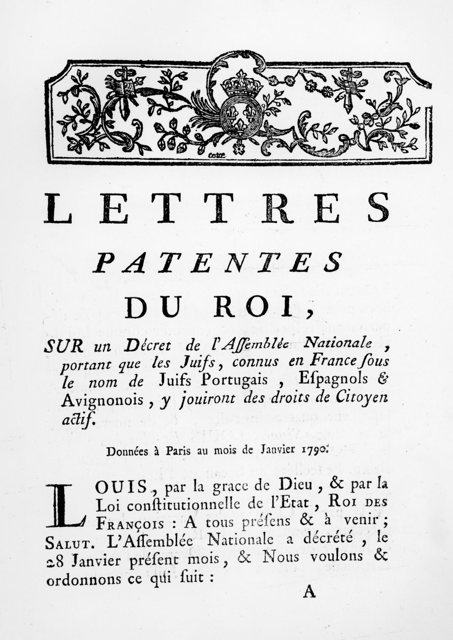 Royal Letters Patent, amely egyenlő jogokat biztosít a portugál, spanyol és avignonai zsidóknak Franciaországban, Párizs, 1790. január 28. (lásd még: 695057) alkotó: French School
