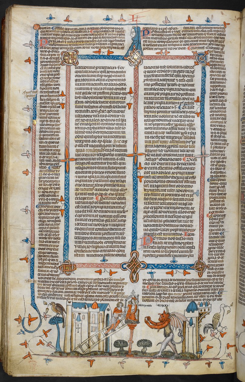 Royal MS 10 E IV, f.209v, A festő és az ördög, IX. Gergely dekrétáiból, pármai Bernard fényével ("Smithfield Decretals"), 1300-40 körül (vellum) alkotó: French School