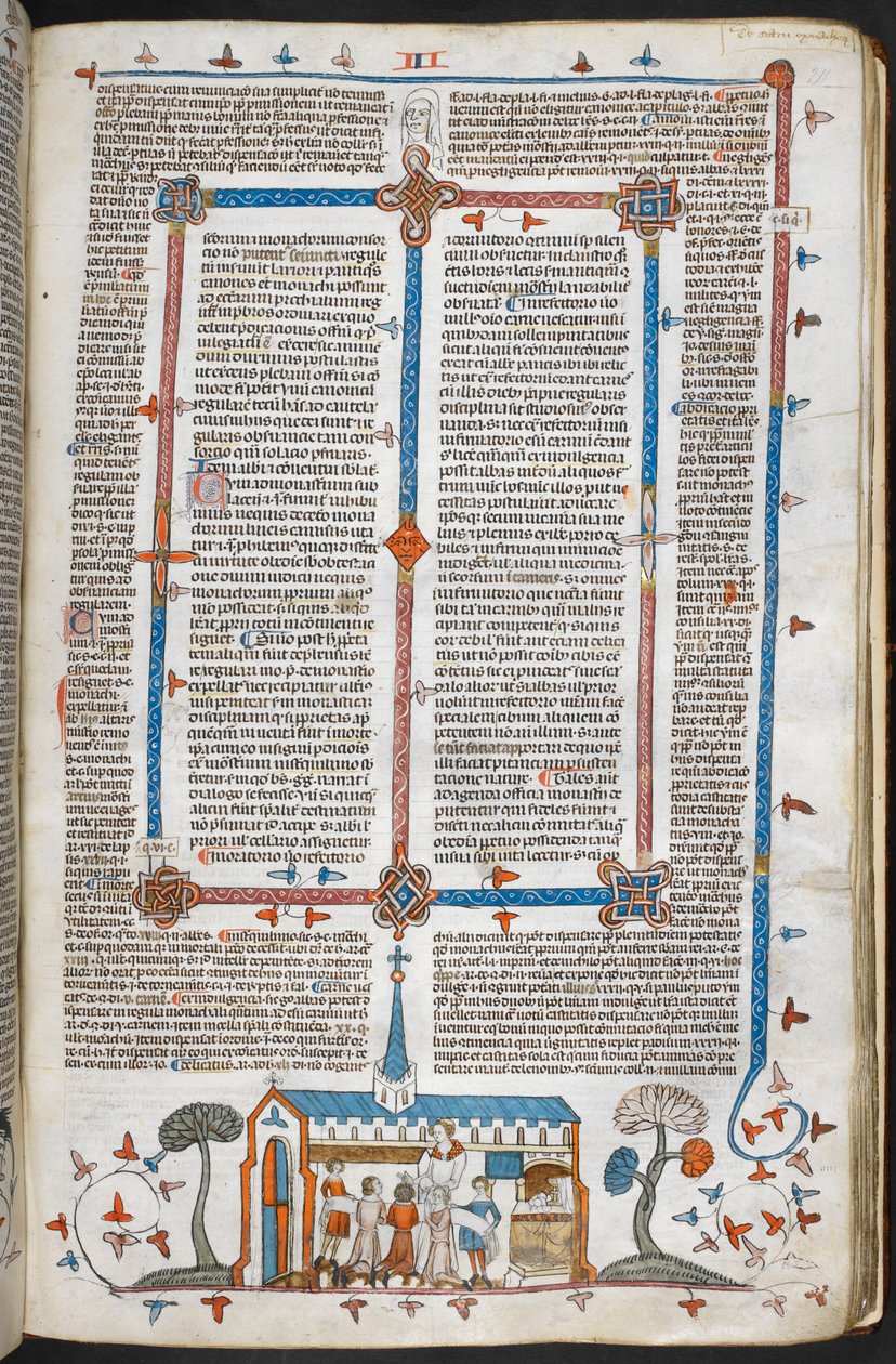 Royal MS 10 E IV f.211r, áldozók áldozóiról szóló jelenet egy misén, 1300-40 körül (toll, tinta és tempera pergamenen) alkotó: French School