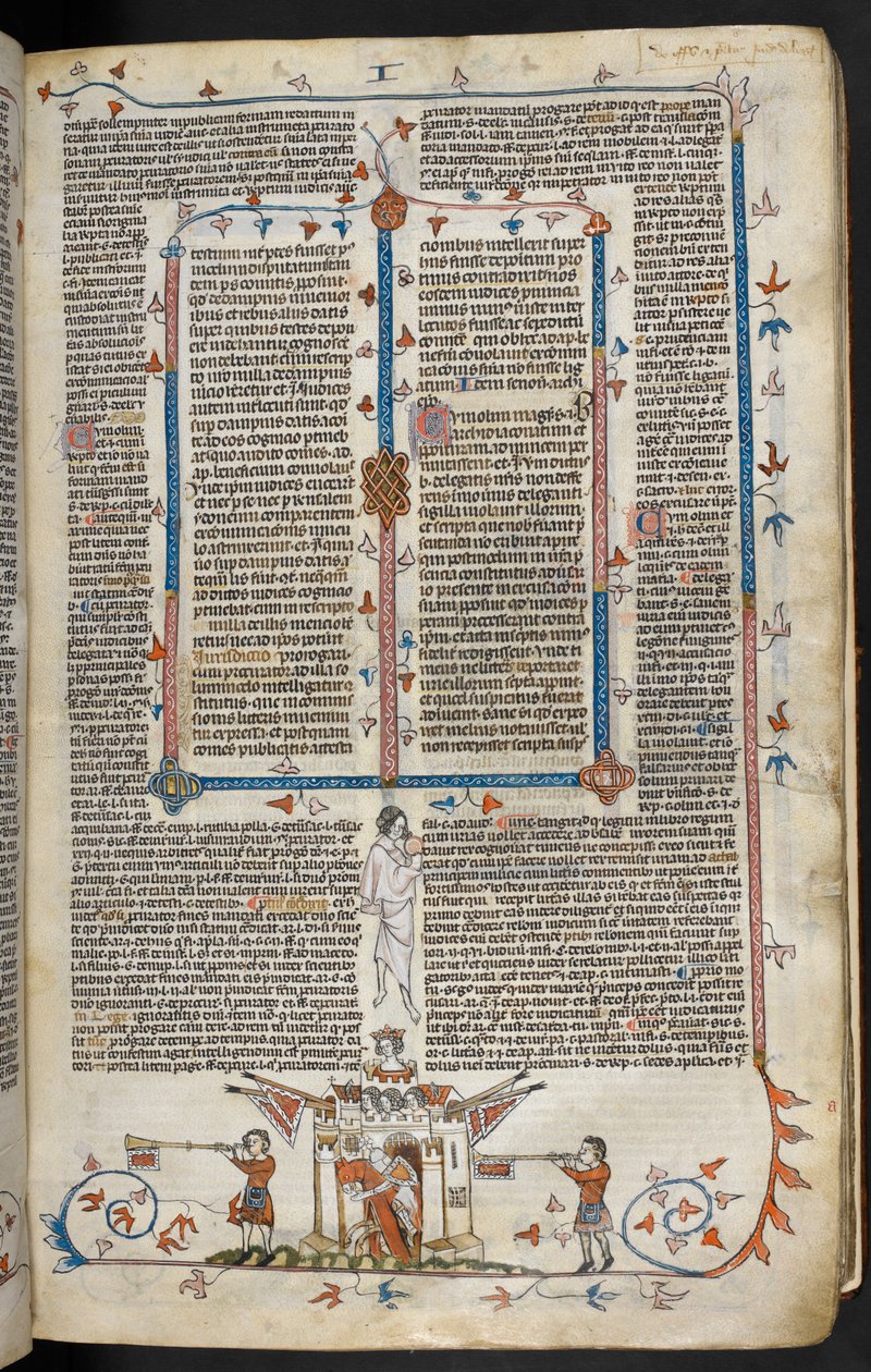 Royal MS 10 E IV f.66r, lapos jelenet egy kastélyból előbújó lovas lovagról, 1300-40 körül (toll, tinta és tempera pergamenen) alkotó: French School
