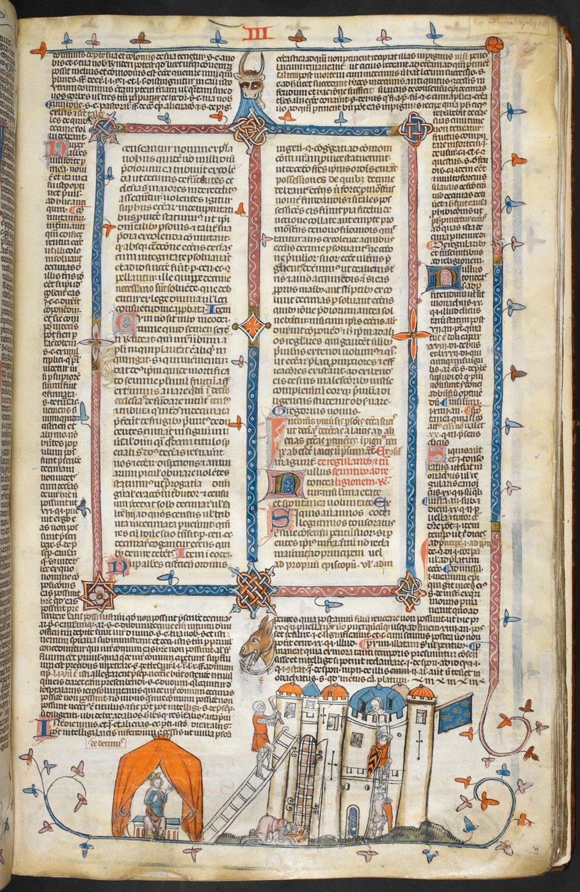 Royal MS 10 iv f.202r Megtámad egy erődített kastélyt és a szegélydíszítést, illusztráció a „The Smithfield Decretals”-ból (vellum) alkotó: French School