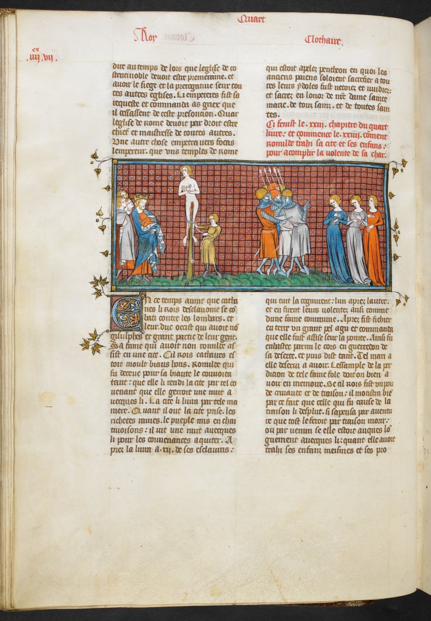 Royal MS 16 G. VI, Romhilda halála, Romhilda lányai megmentik becsületüket (4. könyv, 24), a Les Grandes Chroniques de France-ból alkotó: French School