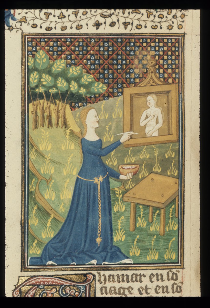 Royal MS 16 G V f.068v oldal a De claris mulieribusból Giovanni Boccaccio névtelen francia fordításában (Le livre de femmes nobles et renomées), 1440 körül (szín és arany pergamen) alkotó: French School