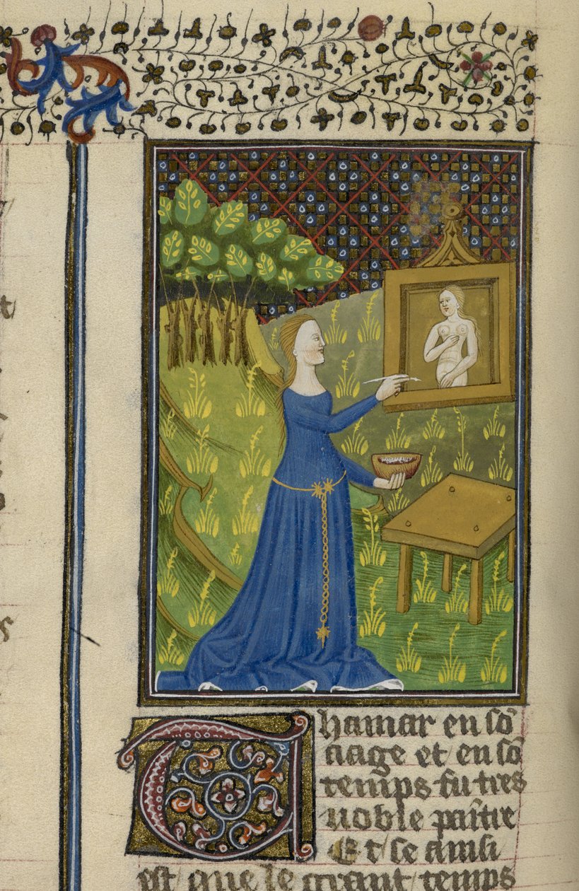 Royal MS 16 G V f.68v Thamar Diana istennőt festve, a „De claris mulieribus névtelen francia fordításban (Le livre de femmes nobles et renomées)”, 1440 körül (vellum) alkotó: French School