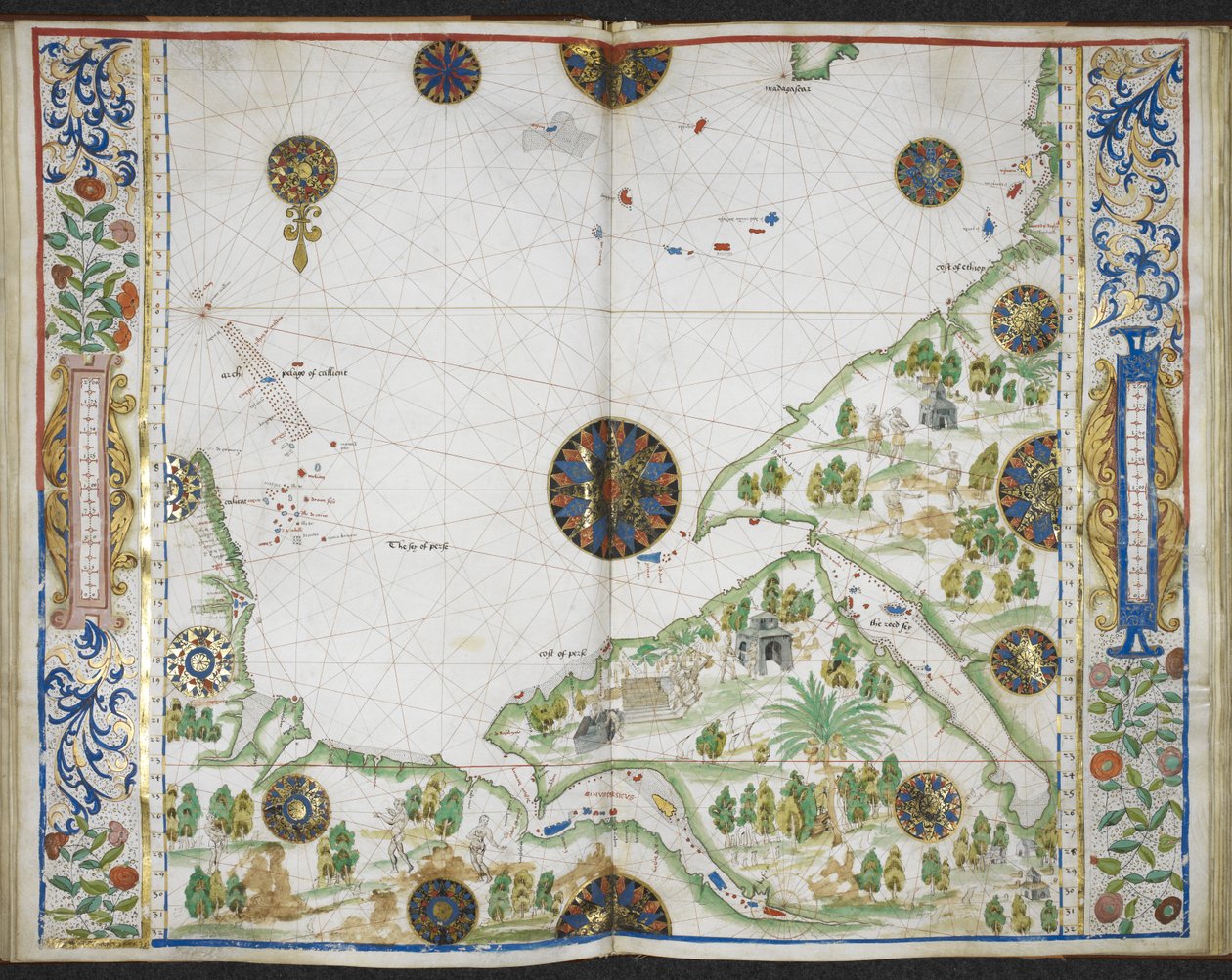 Royal MS 20 E IX f.11v–f.12r Ázsia és Afrika partjainak diagramja a Comorin-foktól a Delgado-fokig, beleértve a Perzsa-öblöt és a Vörös-tengert, az „Idrográfia Boke”-tól (A „Rotz-atlasz”) Jean Rotz, 1535-42 körül (tinta, szín és arany pergamen) alkotó: French School