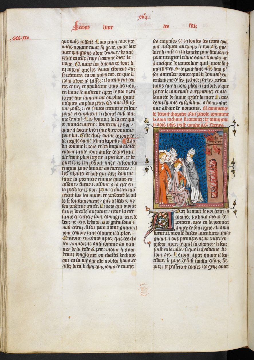 Royal Ms 16 g VI f.347v I. Richárd király megkoronázása, illusztráció a „Les Grandes chroniques de France”-ból alkotó: French School