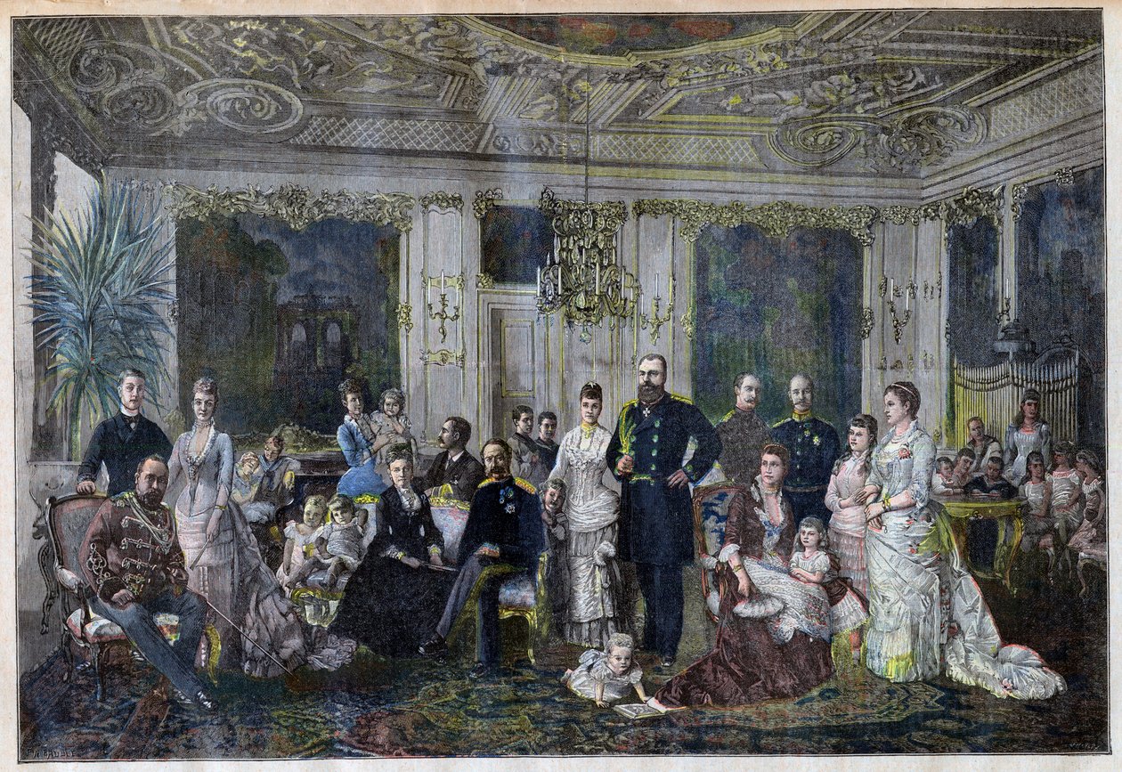 Királyi családok összegyűlnek Dániában, hogy megünnepeljék a cár és a cárnő ezüstlakodalmát Juleboekshusene kis falujában a „Le Petit Journal”-ból, 1891. szeptember 26. (színes metszet) alkotó: French School