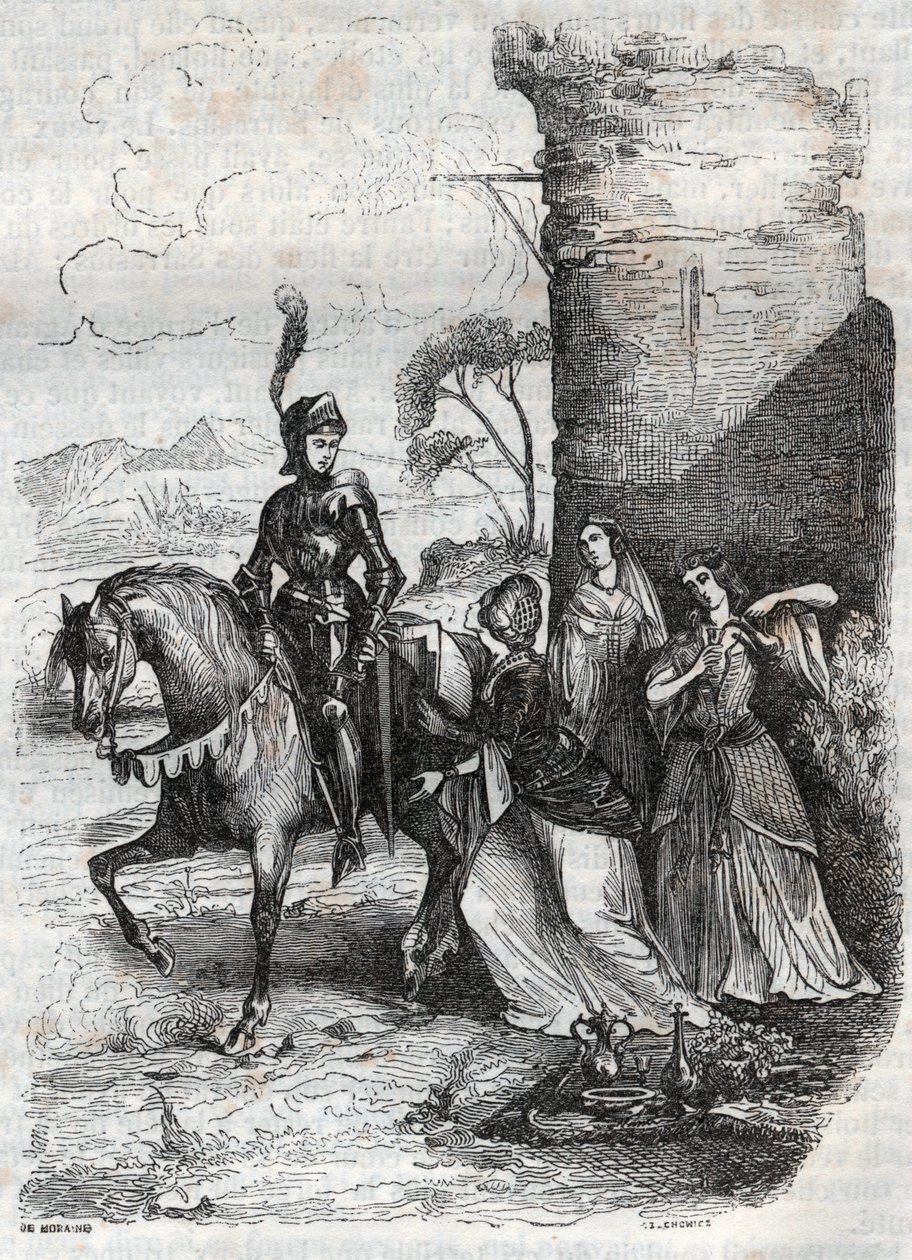 Ruggiero és három nimfa az Alcina udvarából – 1851-es metszet az Orlando furioso című versből alkotó: French School