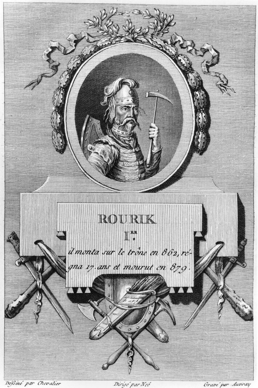 Rurik († 879), Oroszország első cárja, illusztrációja az ókori Oroszország fizikai, erkölcsi, polgári és politikai történetéből, Nicolas Gabriel Clerc, Párizs, 1783-85 alkotó: French School
