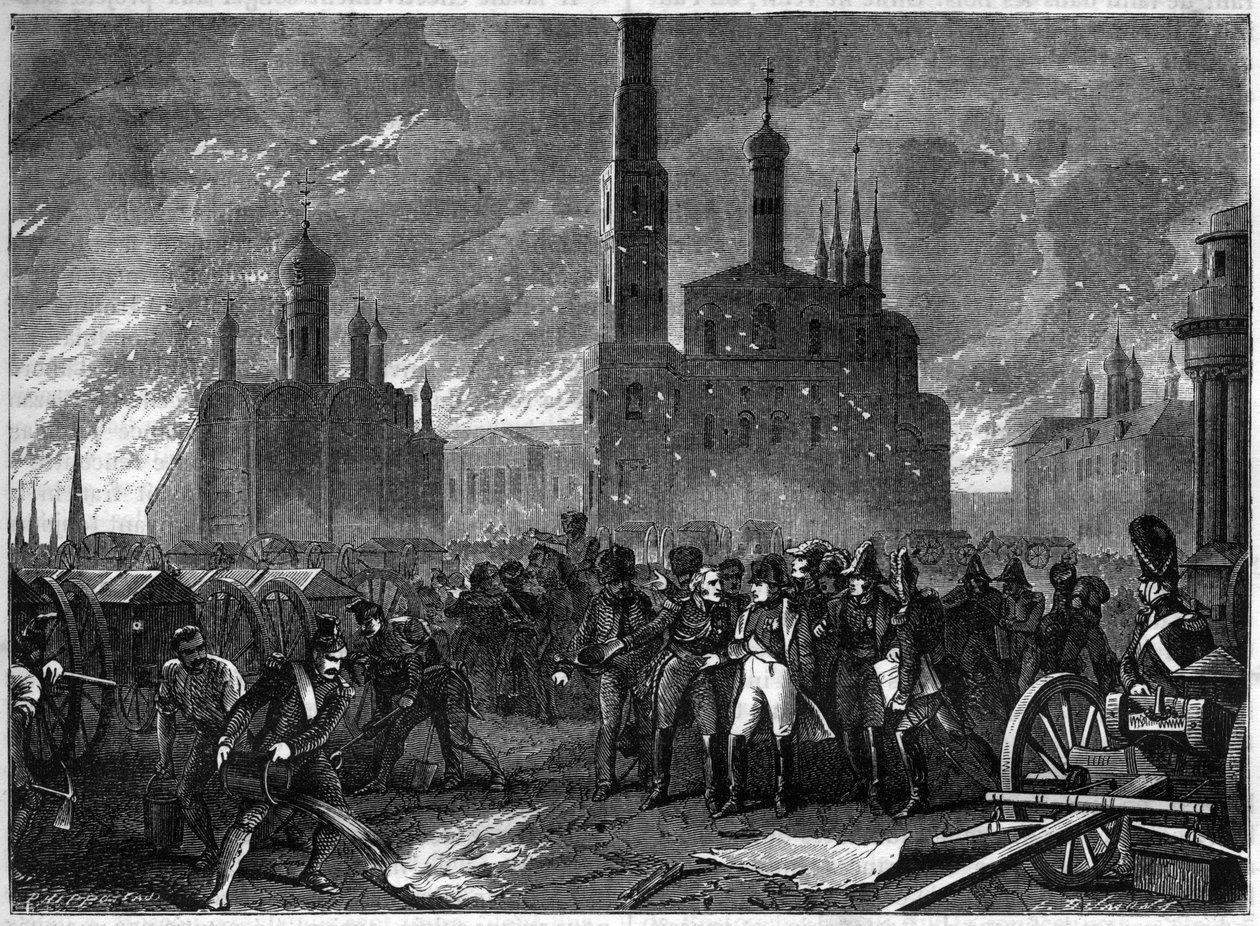 1812-es oroszországi hadjárat – Jean Ambroise Baston de Lariboisiere tábornok robbanásveszély miatt sürgeti Napóleont, hogy hagyja el a Kreml területét – 1812-es moszkvai tűzvész – Lariboisiere tábornok kényszeríti Napóleont a Kreml elhagyására, félelmetes alkotó: French School