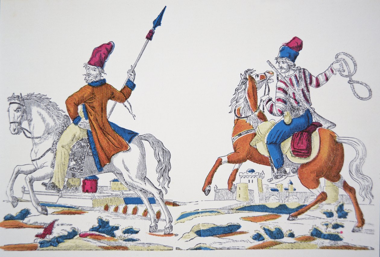 Orosz kozákok Napóleon 1812-es inváziója idején (színes litho) alkotó: French School
